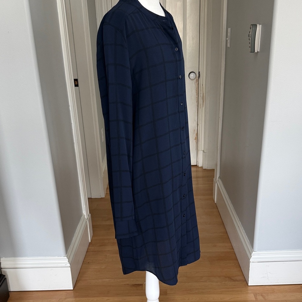 Eileen Fisher Navy Checkered Long Sleeve Shirt Dress - Picture 2 of 6